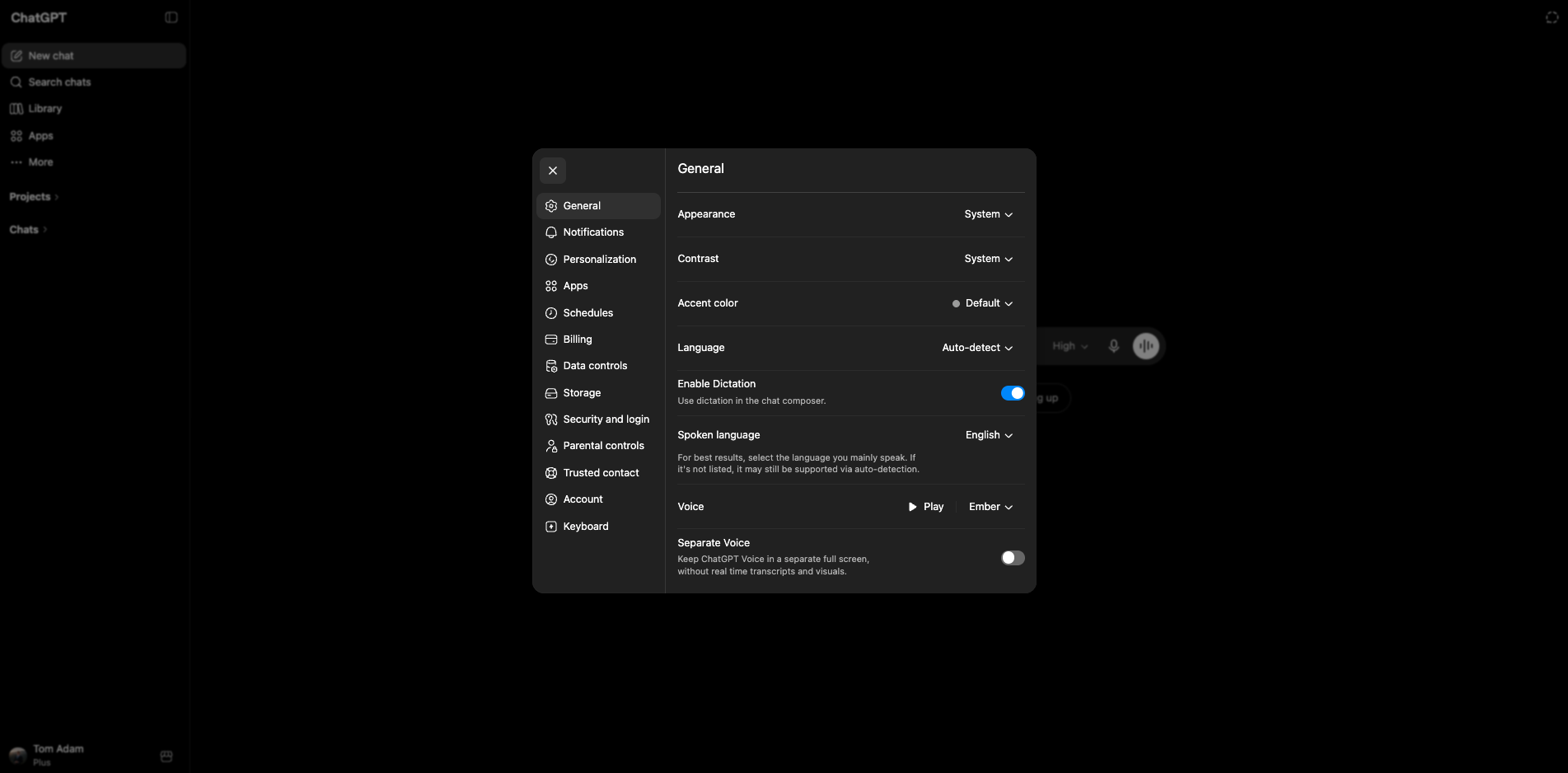 ChatGPT settings modal showing the left menu and general settings.