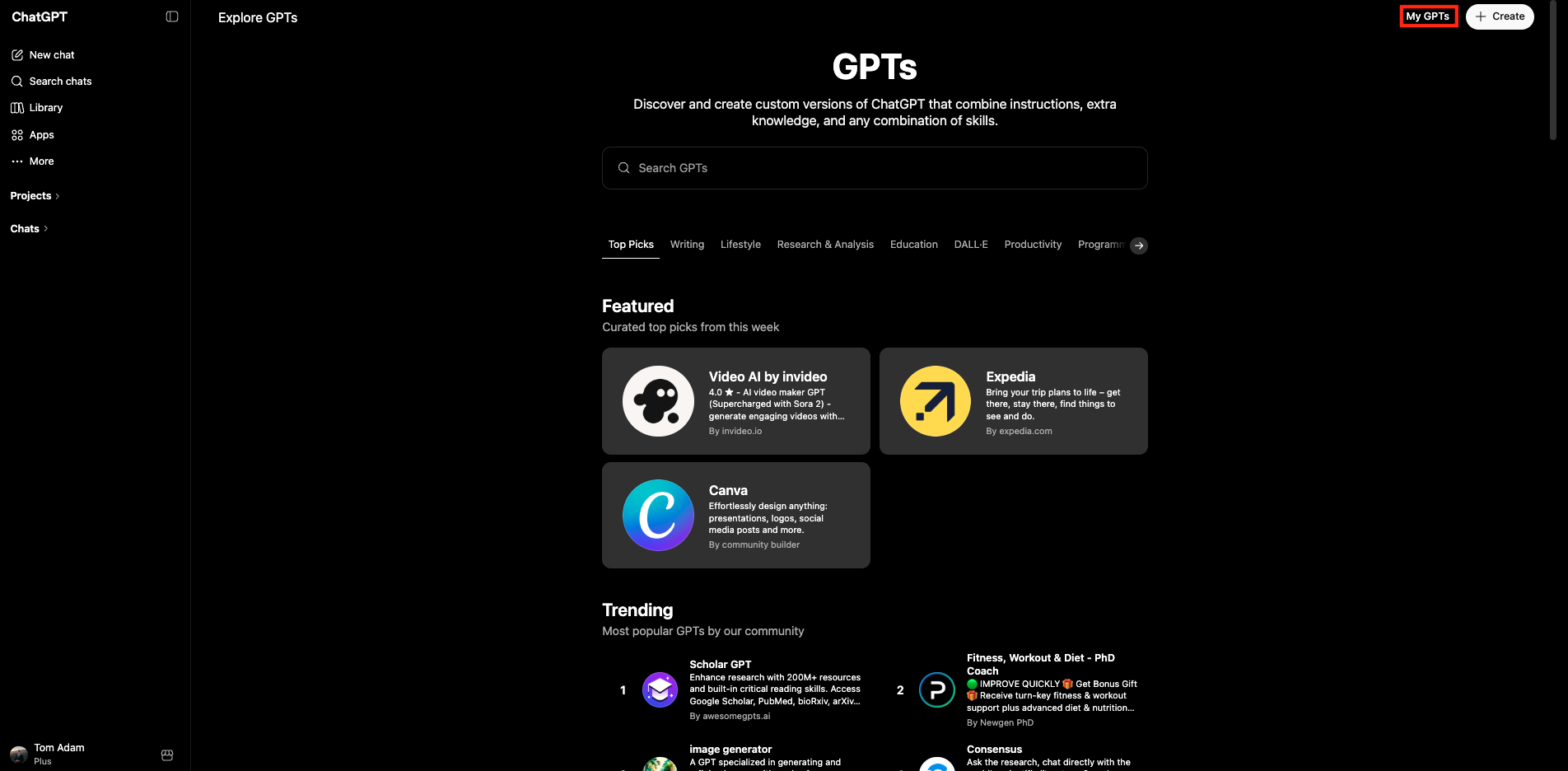 Explore GPTs screen with My GPTs highlighted.