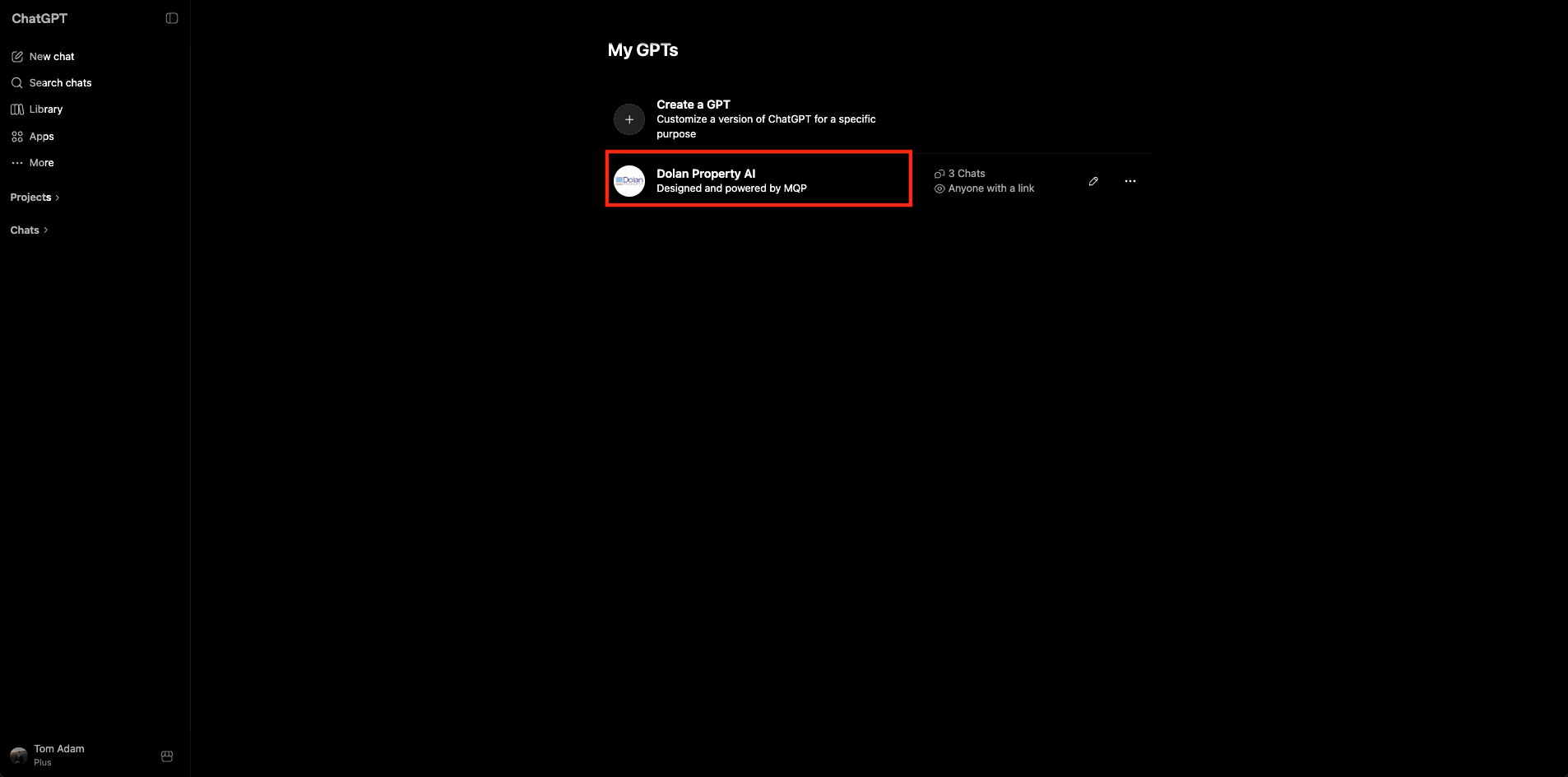 My GPTs screen with Dolan Property AI highlighted.
