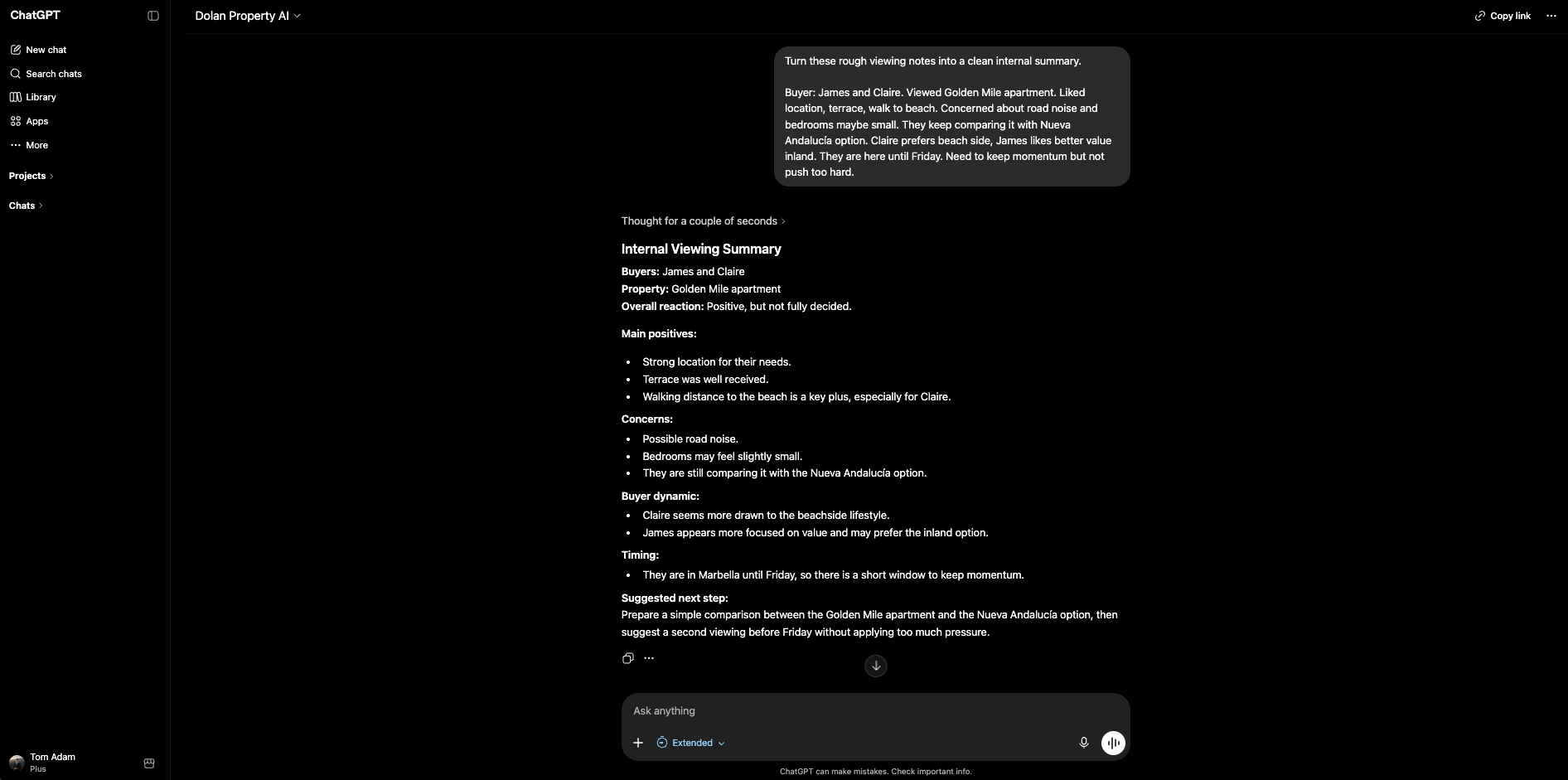 Dolan Property AI creates an internal viewing summary from rough notes.