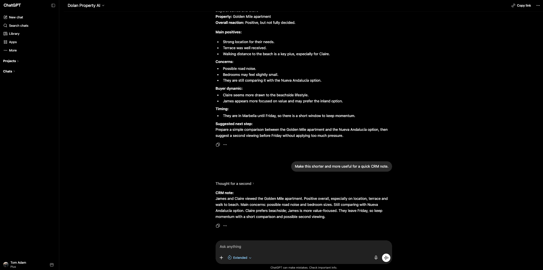 Dolan Property AI refines the same answer into a shorter CRM note.
